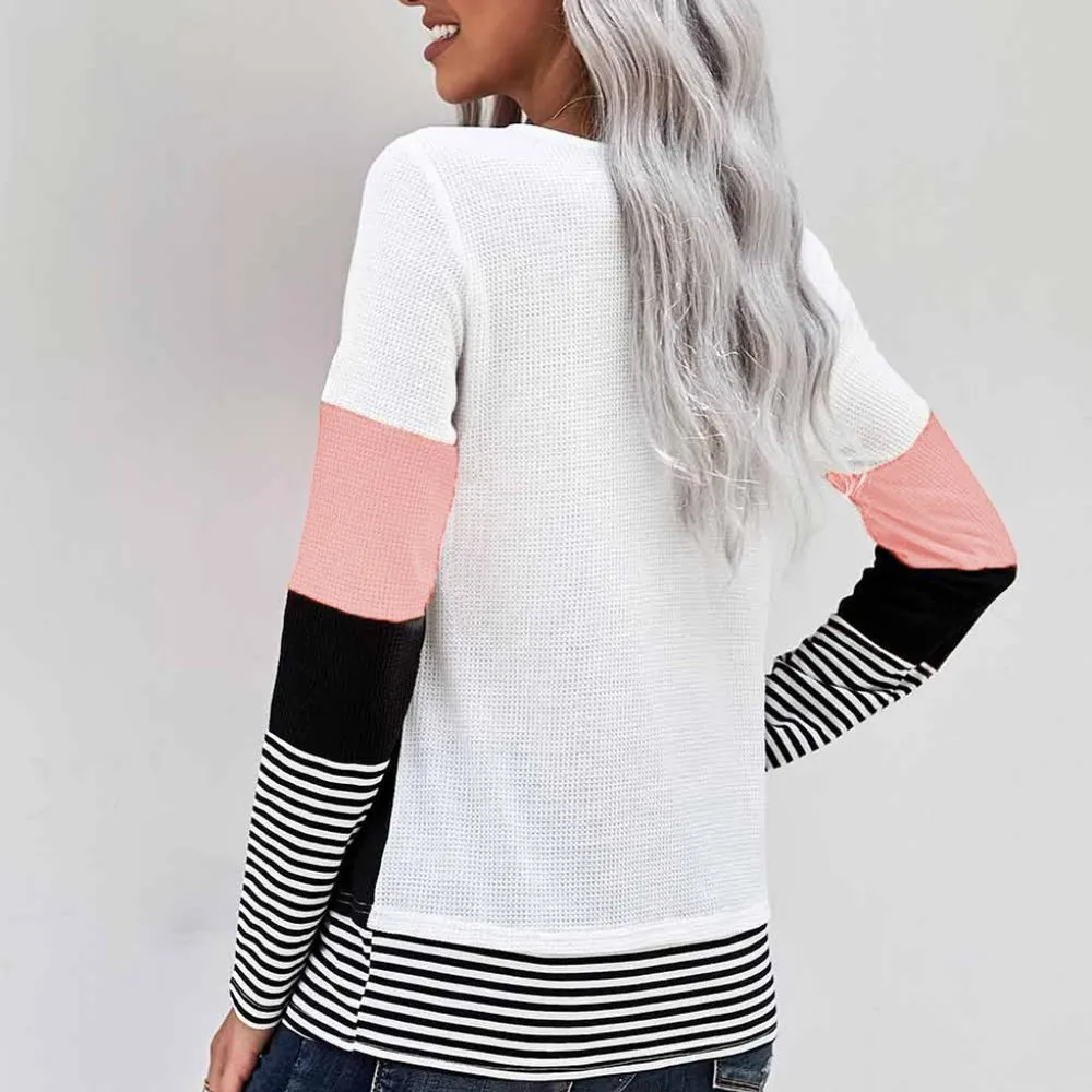 STYLISH PINK COLORBLOCK SPLICING STRIPED TOP Size undefined - Image 2