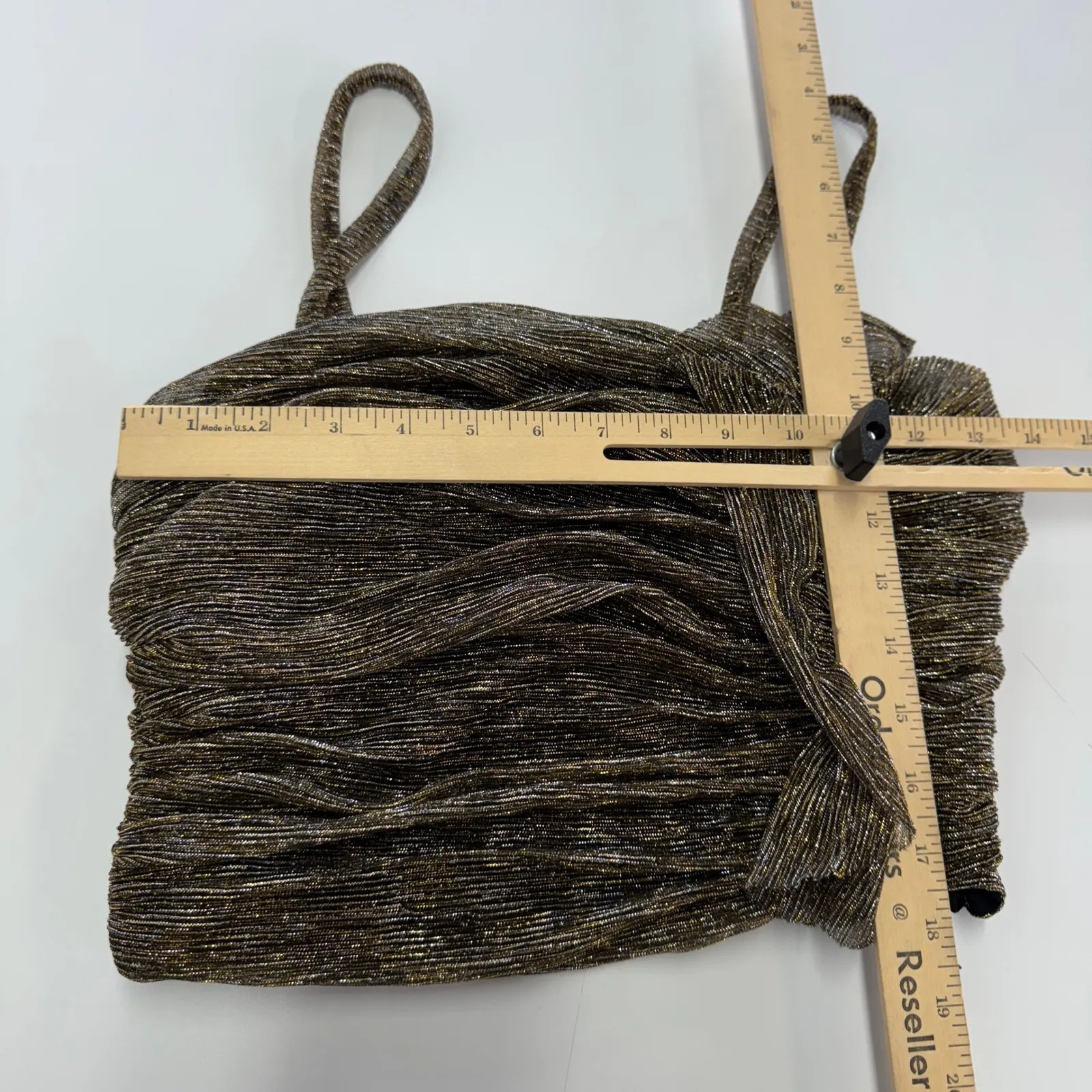 ZARA Tank Top Womens Medium Gold Black Metallic Ruched Front‎ Cami - Image 5