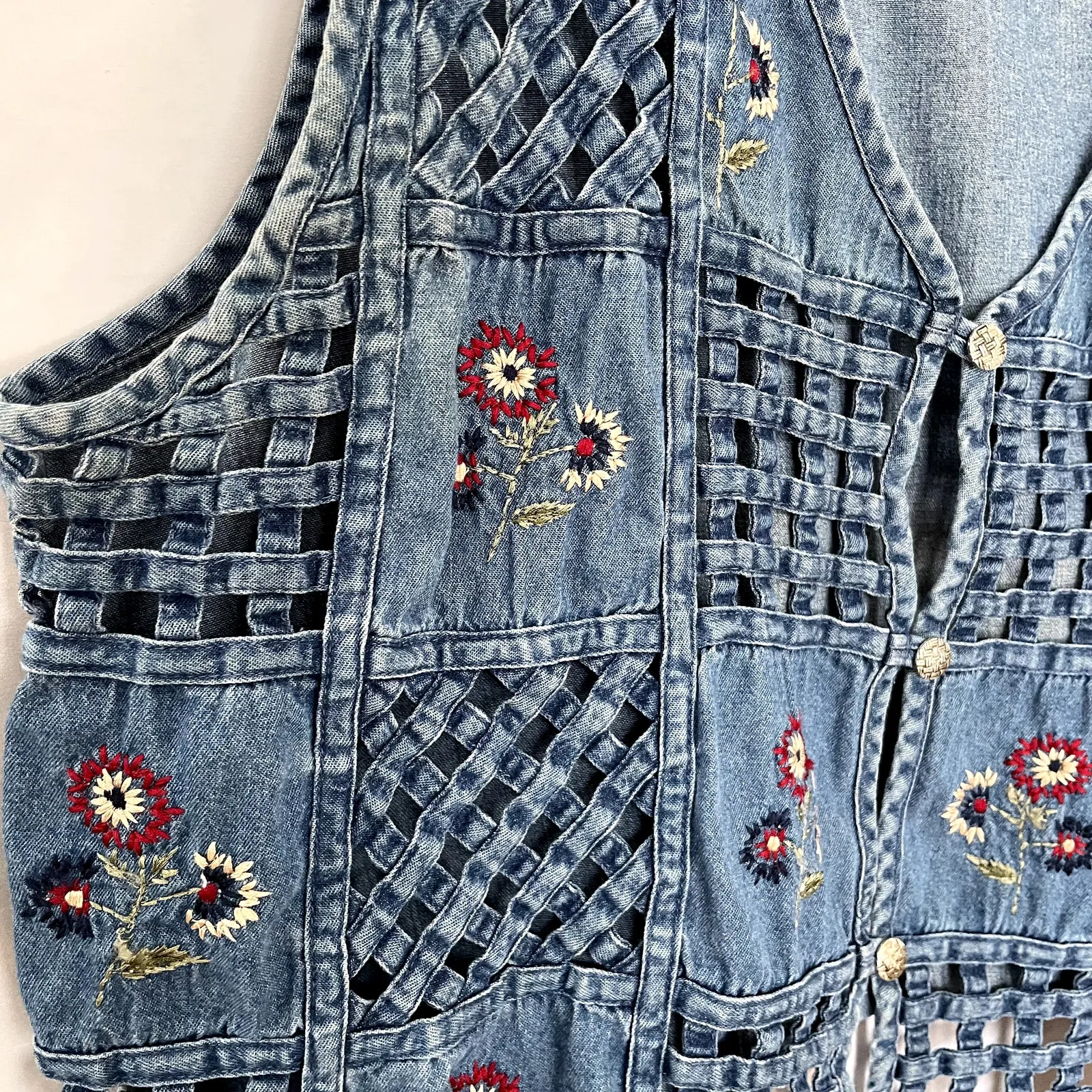 Vintage denim fashion bug y2k embroidered button front vest cotton women's L - Image 2
