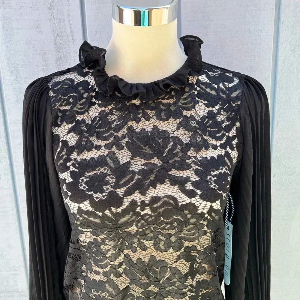 Story On Pleated Sleeve Lace Blouse Top Sheer Black See - Image 4