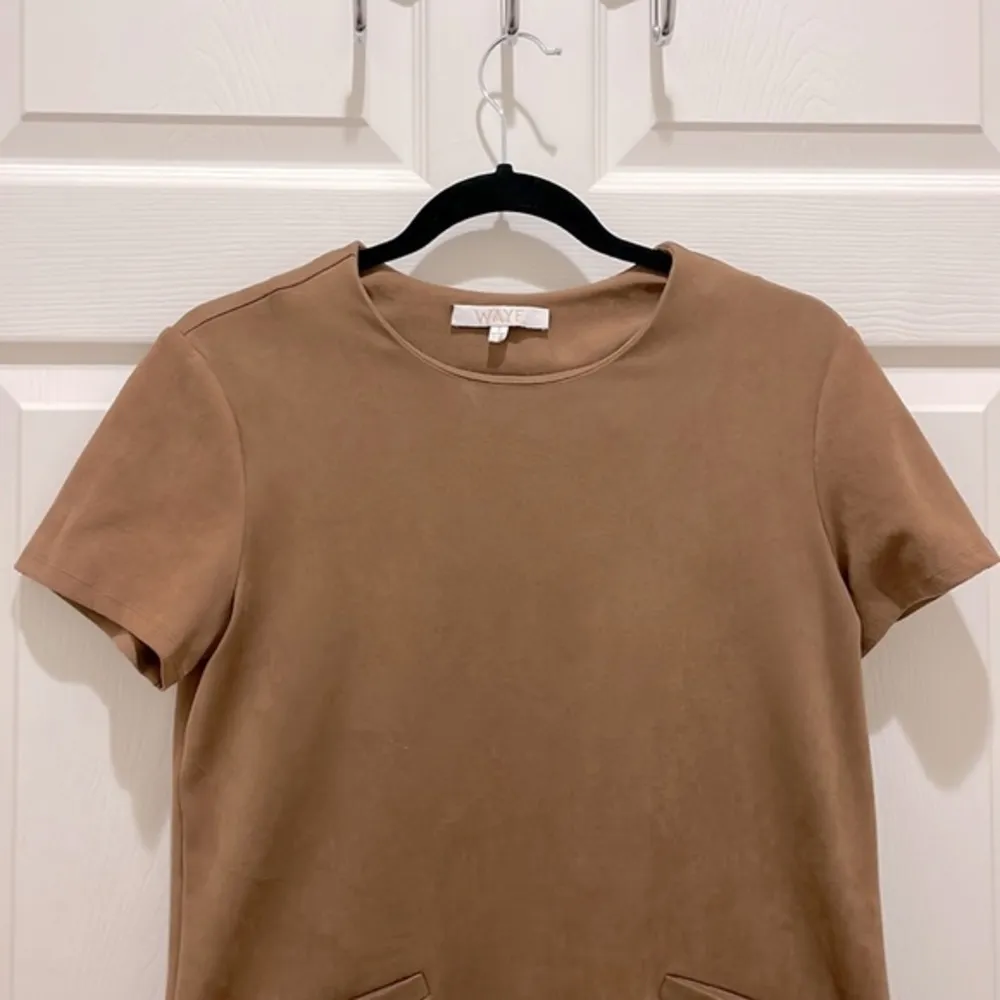 WAYF Camel Brown Faux Suede Short Sleeve Mini Shirt Dress - Image 3