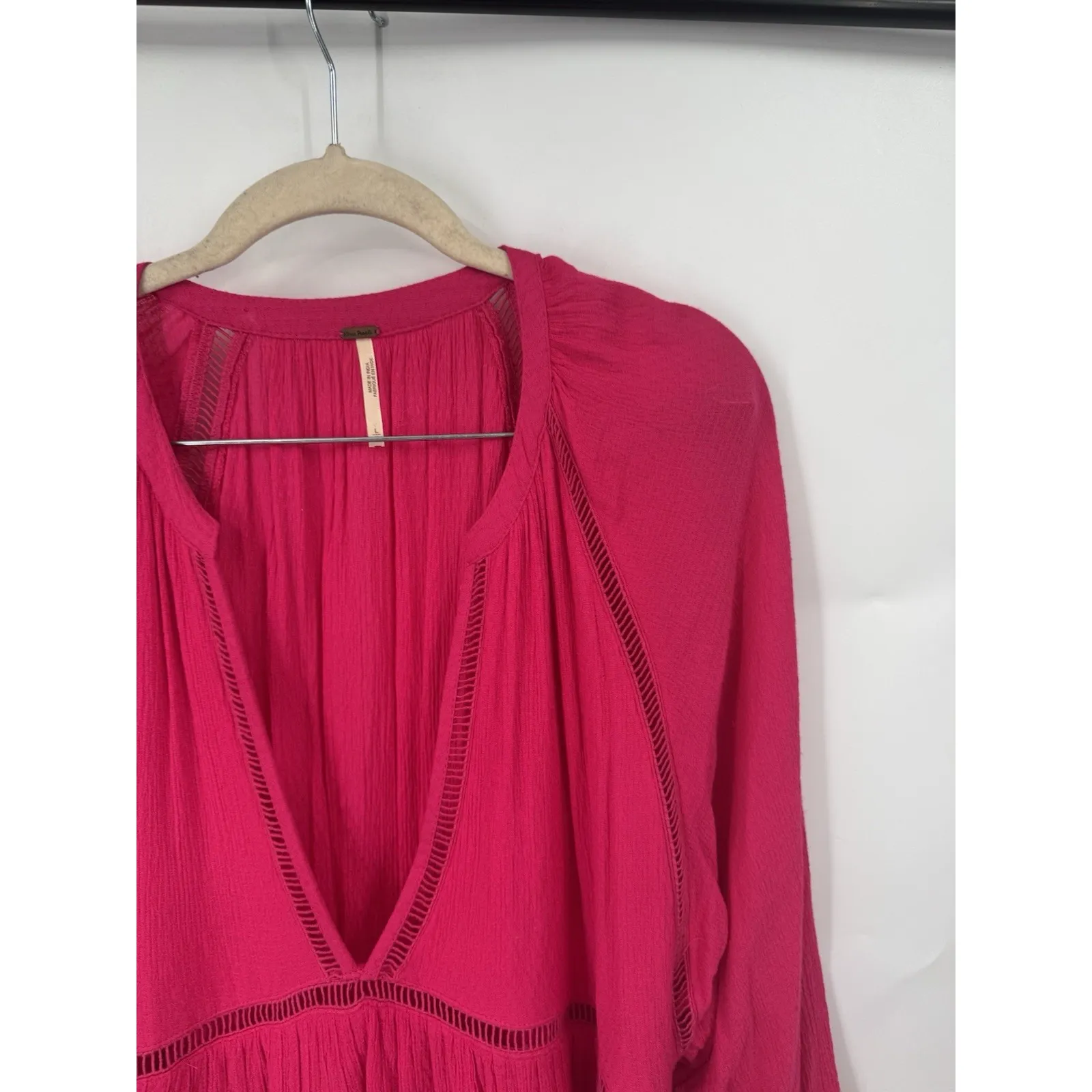 Free People Go Lightly Deep V-Neck Pink Swing Mini Dress Size Large Preppy Indie - Image 8