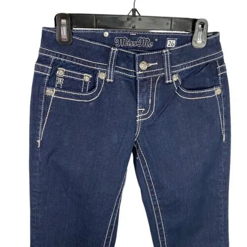 New Miss Me Jeans Womens Size 26 straight dark wash‎ Denim Stitched Flap Pockets - Image 3