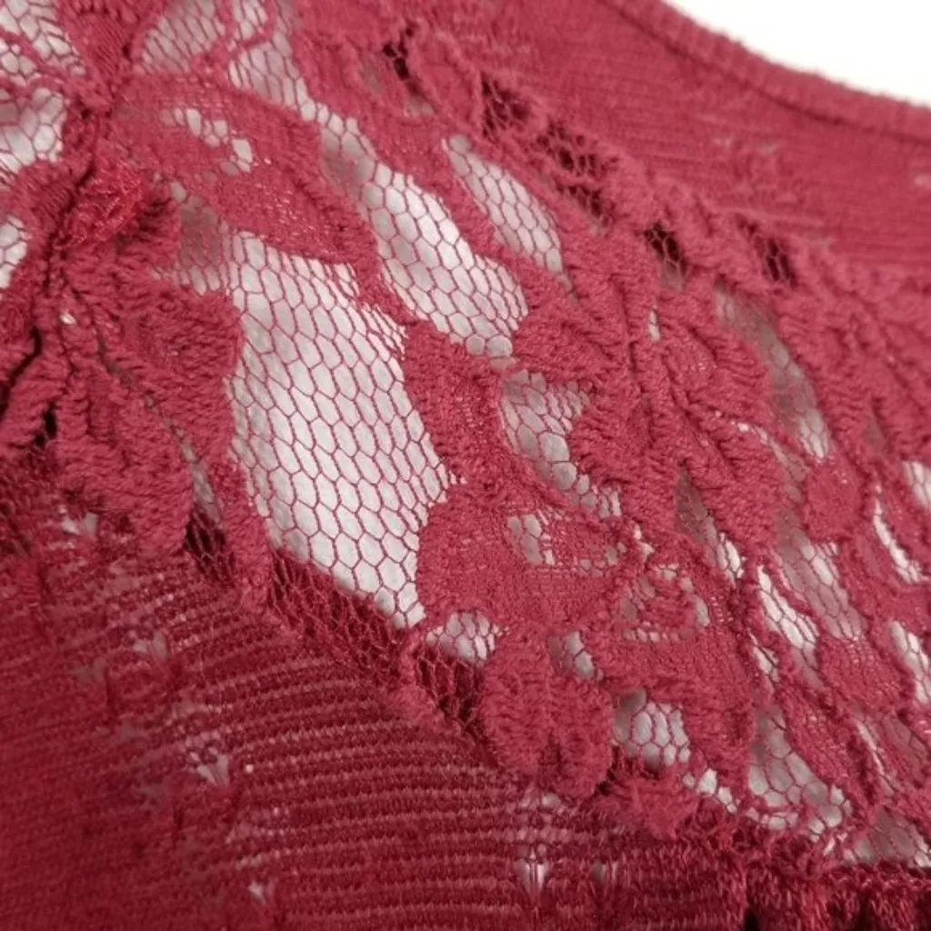 Free People Burgundy Lace Yoke Short Sleeve Crochet Knit Top Womens Size S - Image 5