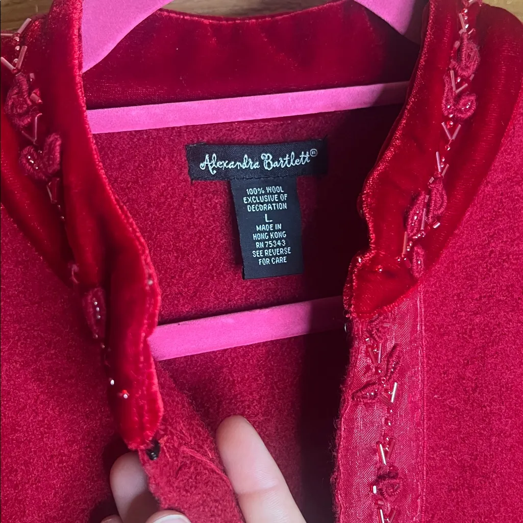 Alexandra Bartlett Vintage Velvet Wool Red Bead Rose Embroidered Clasp Jacket L Size L - Image 5