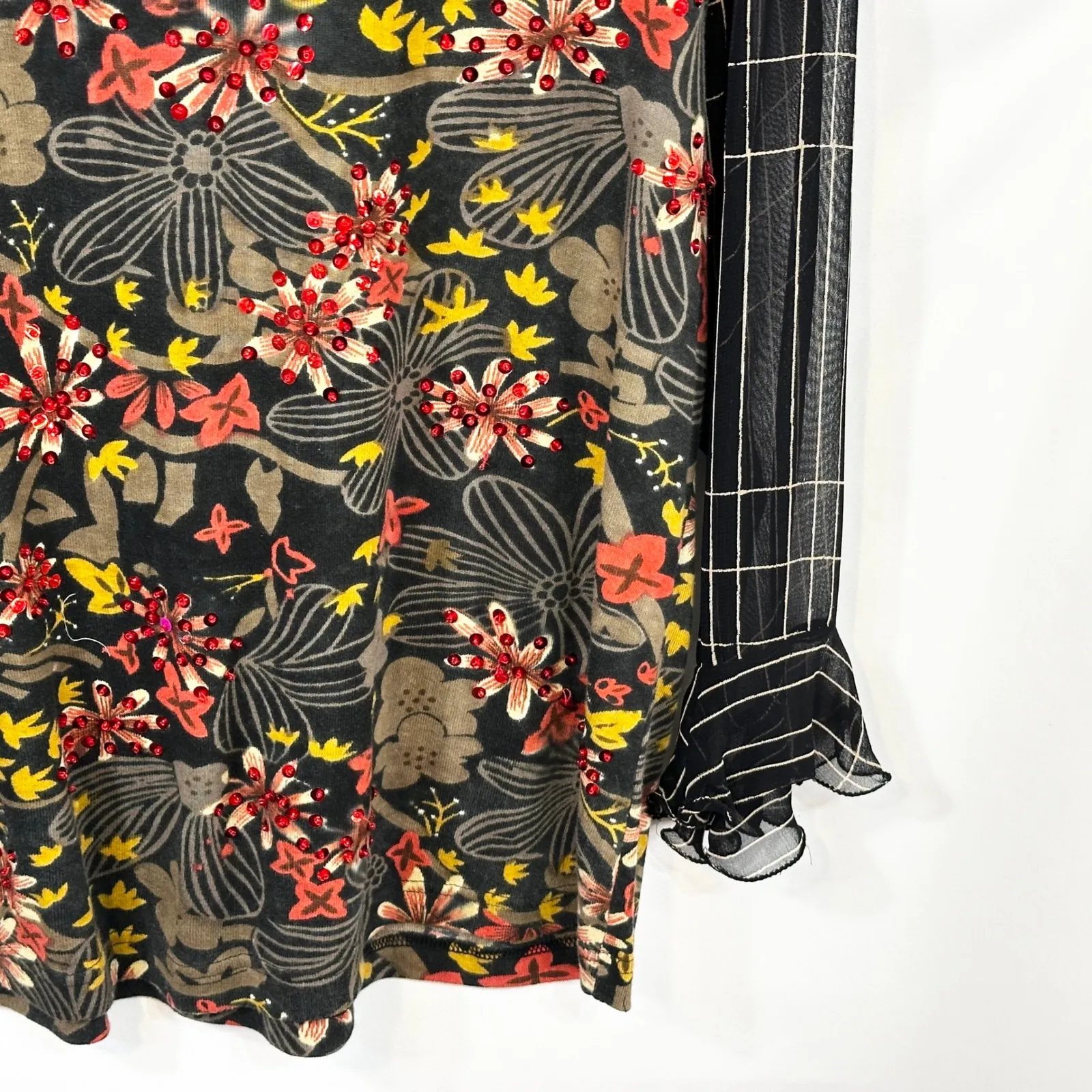 Jane Ashley XL Top Boho Floral Beaded Sheer Long Sleeve Grunge Y2K Hippie 1220 - Image 7