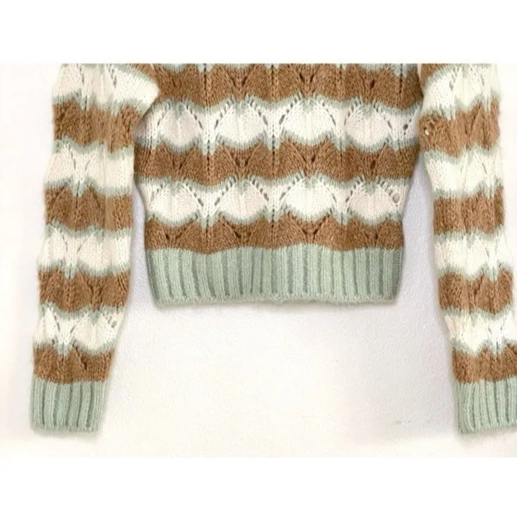 Zara Striped Pointelle Knit Alpaca Wool Blend Sweater Women’s S/M Ivory Tan Sage - Image 6