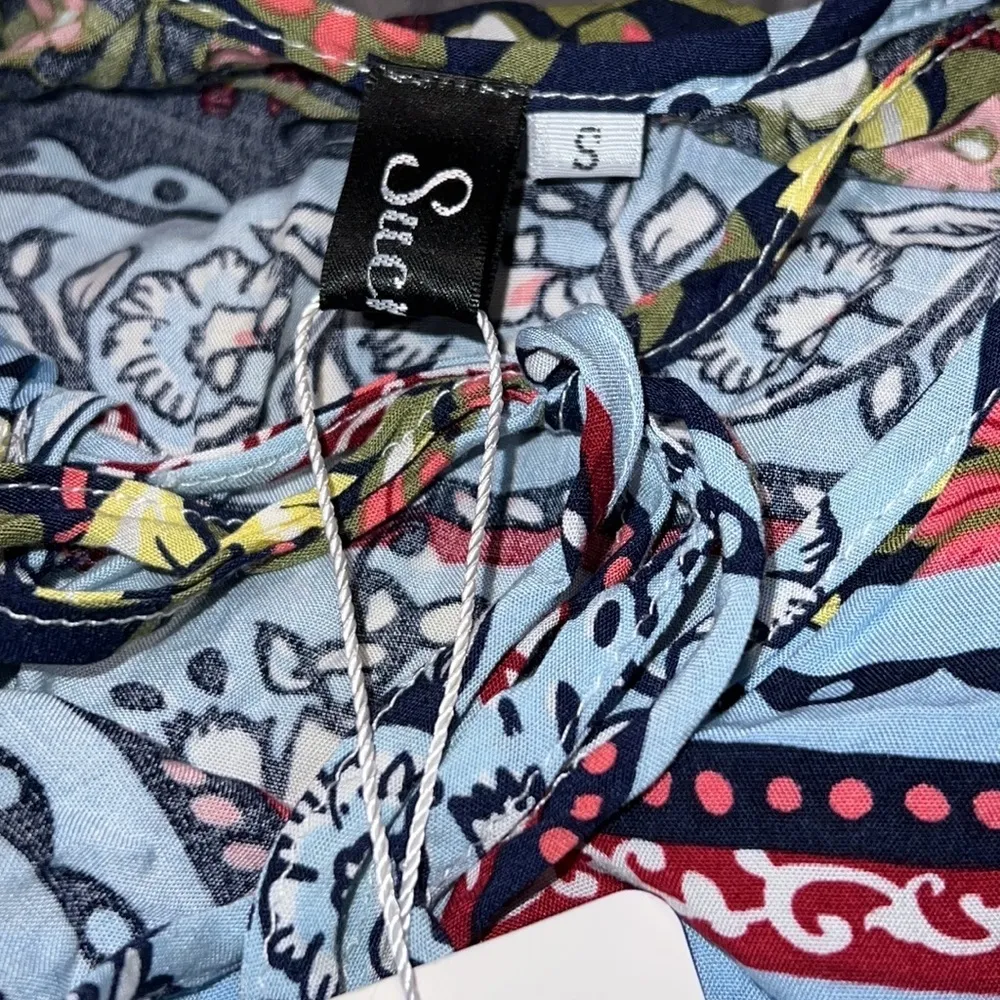 Sucrefas small dress womens blue floral stripe open shoulder blouson - Image 3