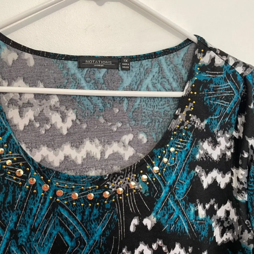 NOTATIONS Plus Size Black White Teal Blue Ikat Geometric Boho 3/4 Sleeve Tunic - Image 6