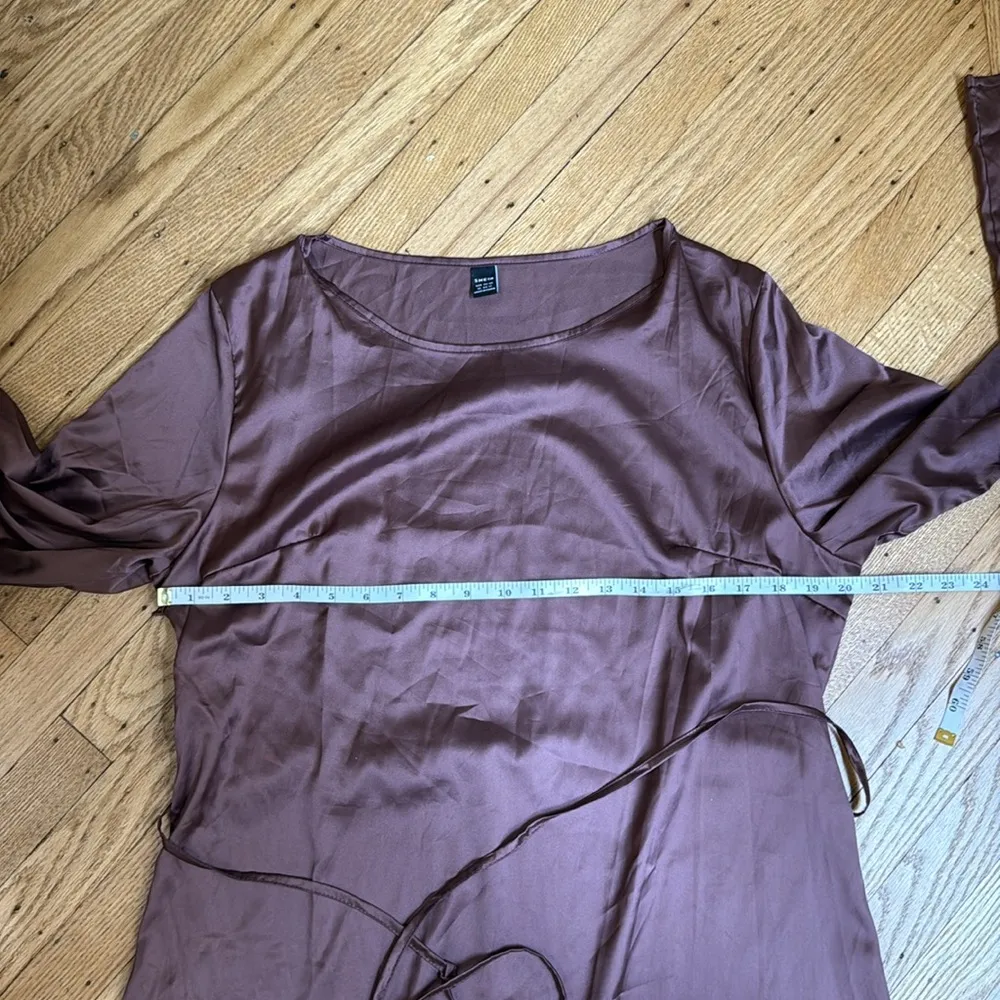 SHEIN Brown Long Sleeve A-Line Midi Dress XL, Soft Satin Feel, Tie Waist - Image 7