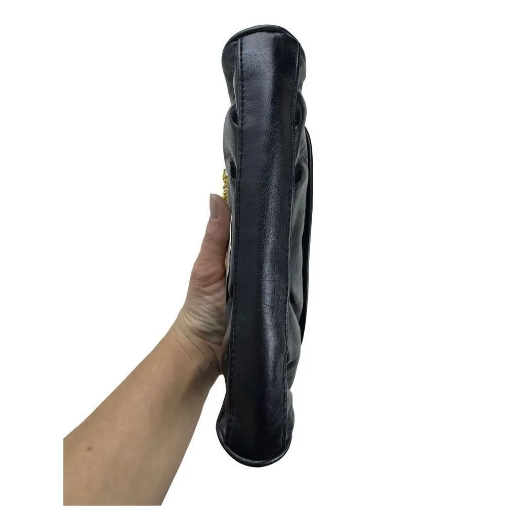 Motivi Italian Glossy Faux Leather Soft Clutch Wristlet Gold Chain Strap Flap Black - Image 9