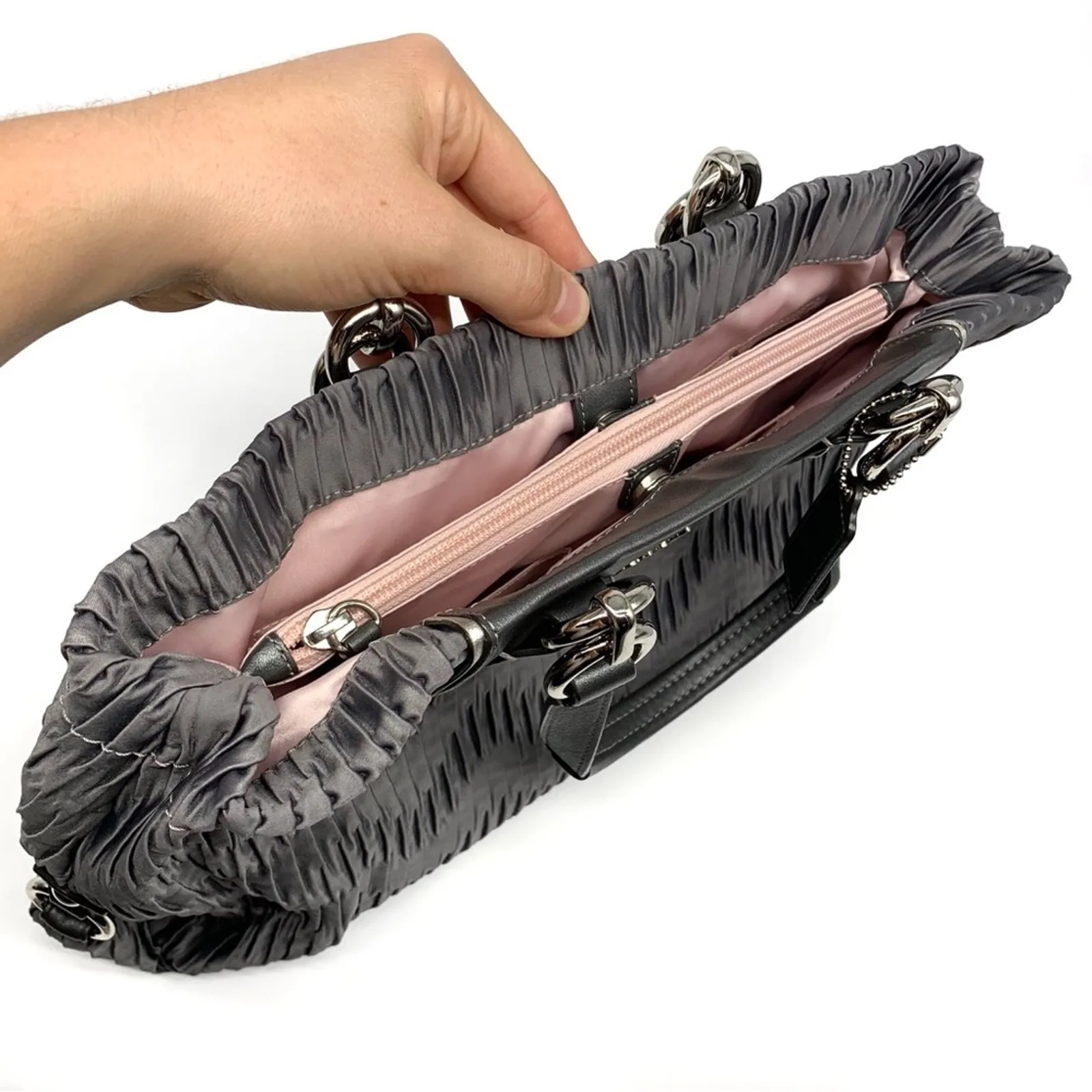 COACH #F20050 Ashley Gathered Carryall Satchel Bag Grey Satin - Image 7