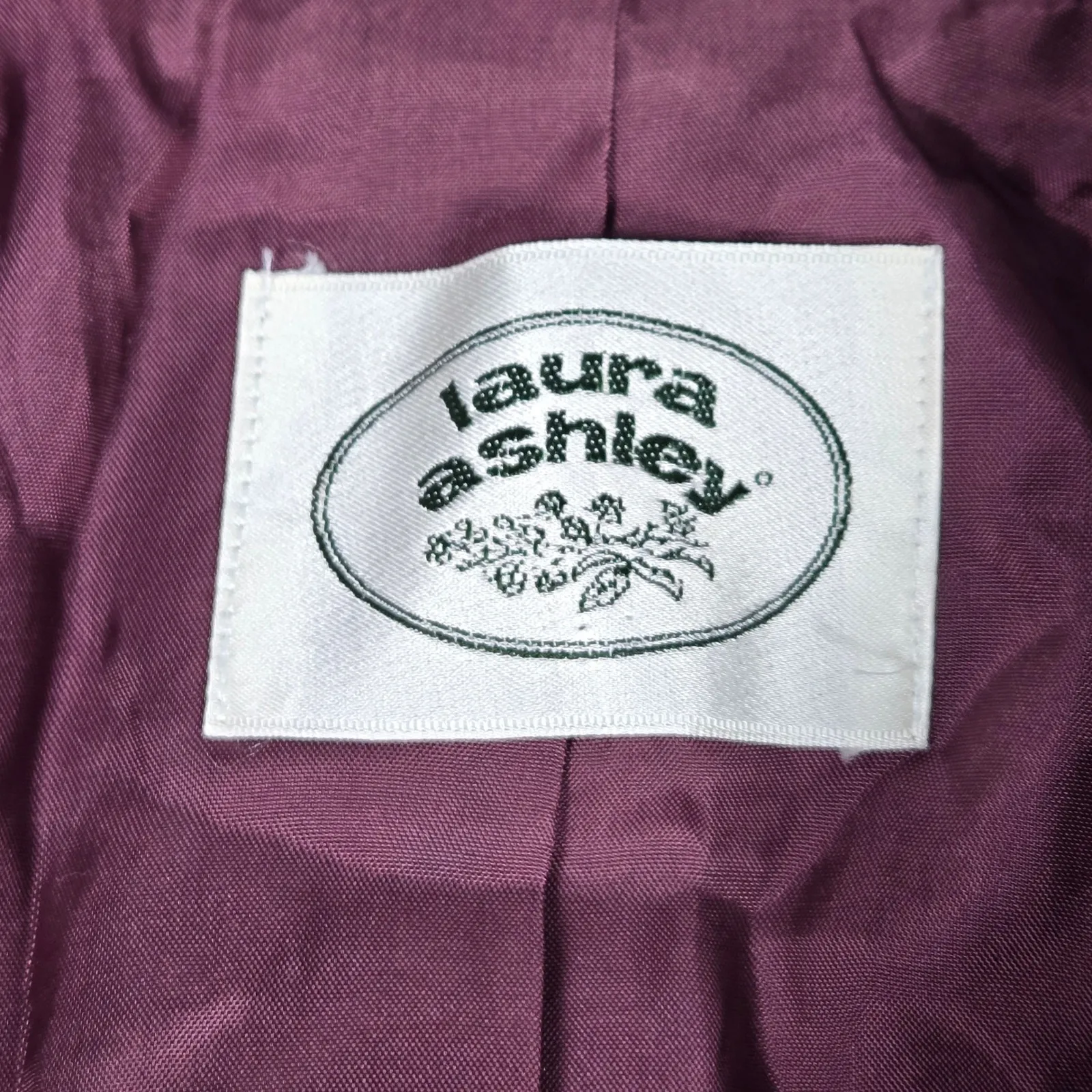 Vintage Laura Ashley Burgundy Herringbone Wool Blend Button Front Long Over Coat - Image 4