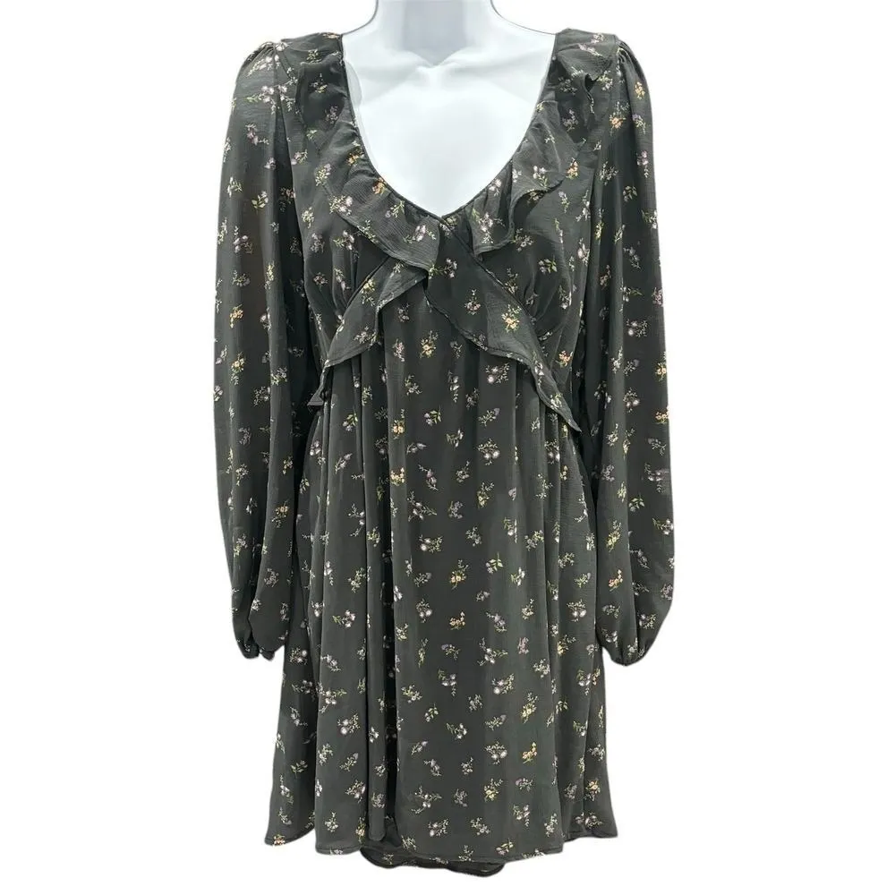 American Eagle SZ Large Ditsy Black Floral Dress Purple Ruffle Bell Sleeves Boho - Image 2