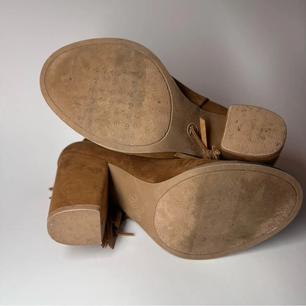 DV Dolce Vita Boots Womens 7.5 Fringe Booties Brown Leather Peep Toe Heeled Boho Tan - Image 10