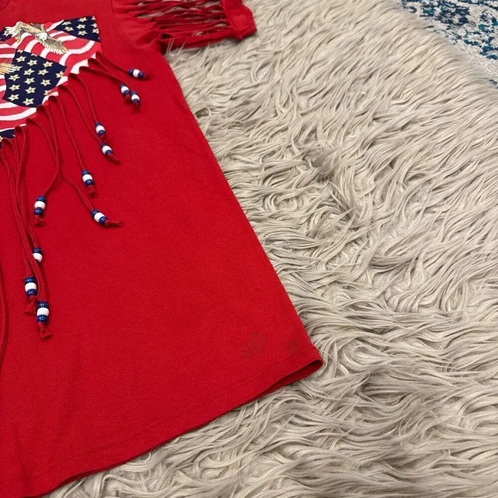 Handmade vintage fringe and beads American flag USA t - Image 2