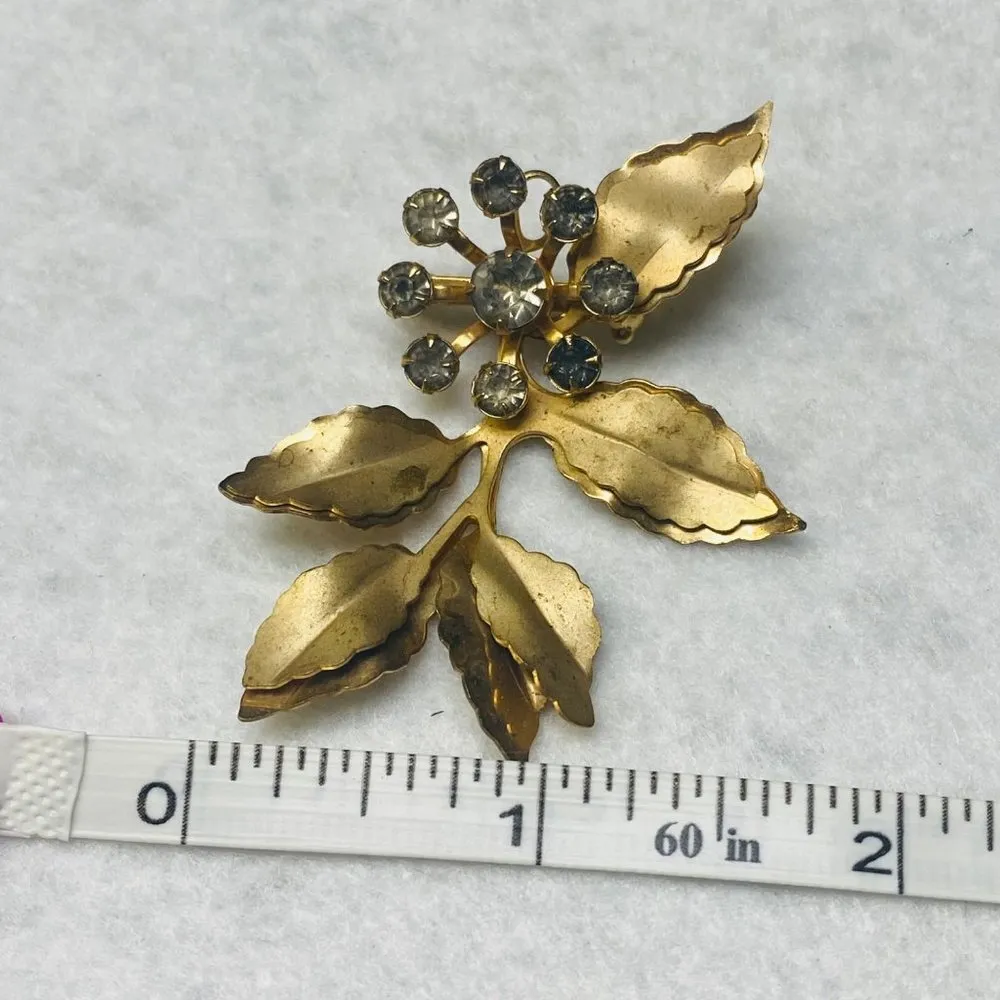 Gold Tone Brooch Pin Pendant Flower Shape Rhinestones Leaves Vintage READ Desc. - Image 4