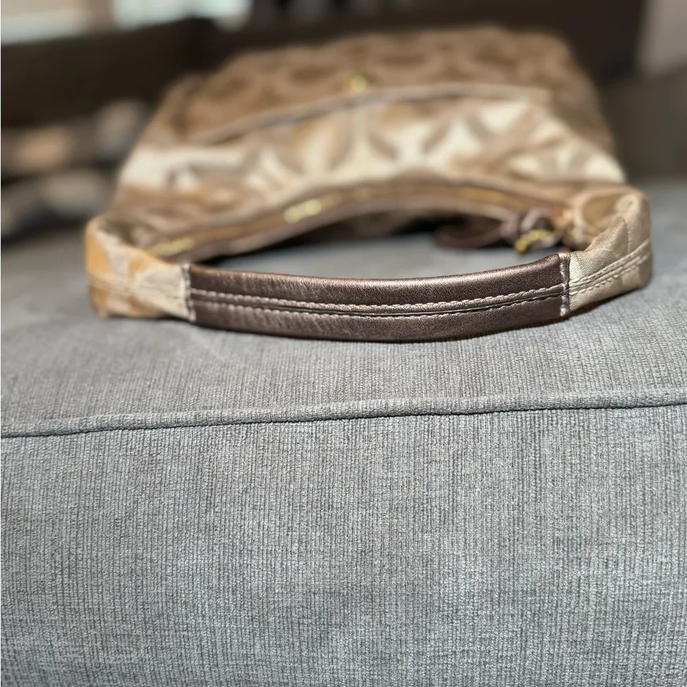 Coach Brown Signature One Shoulder Hobo Bag with bronze leather - Image 4