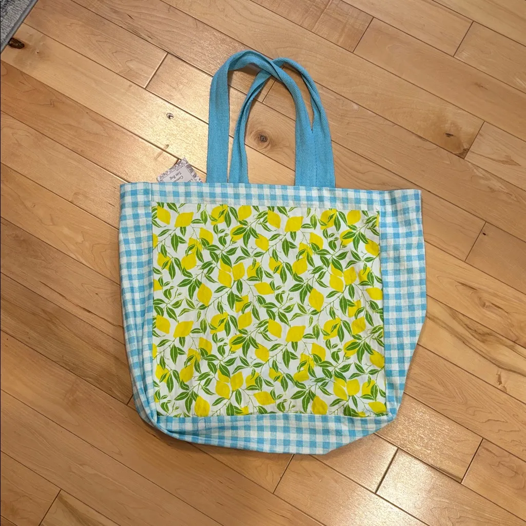 Laura Ashley Yellow Lemon and Blue Gingham cotton Canvas Tote Bag - Image 5