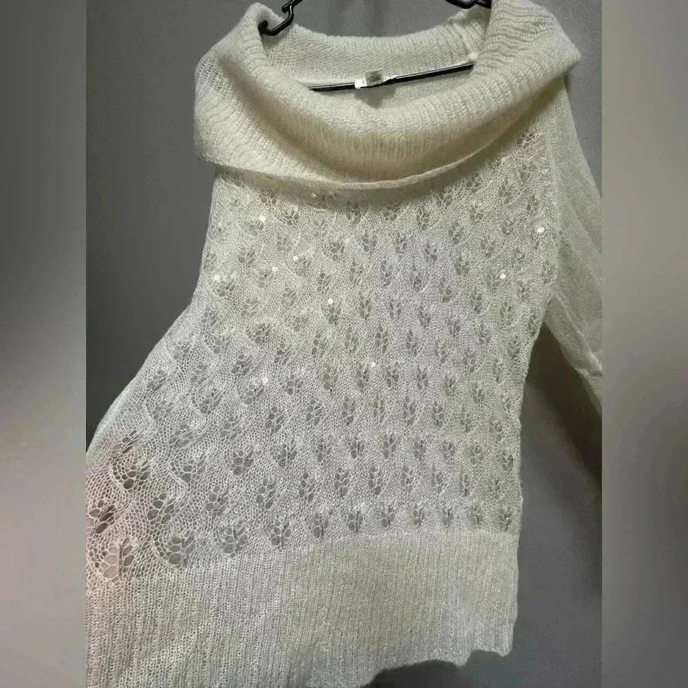 Y2K Ann Taylor Loft Wool Blend Beaded Cowl Sweater | Cream & Silver | Size L - Image 6