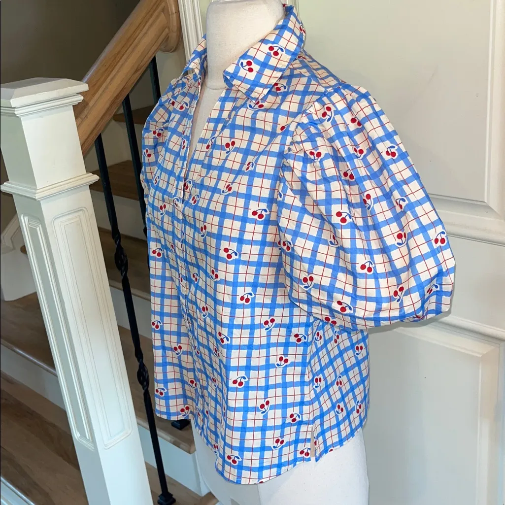 Avara Pinch Sommer Top Puff Short Sleeve Blue Red Cherry Print New Size XS - Image 6