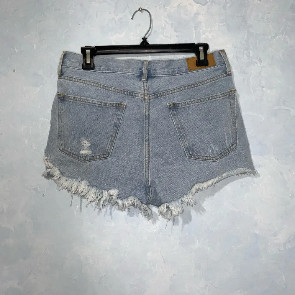 Simple Society Light Wash Blue Fringe Distressed Ripped Button Fly Jean Shorts 7 - Image 7