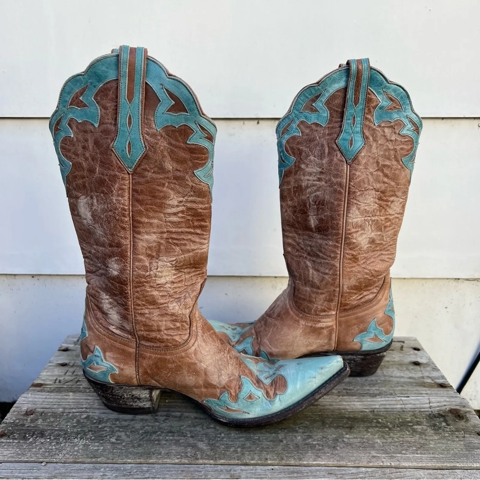 Old Gringo weathered tan and Robbins egg blue overlay point toe cowgirl boots 7B - Image 5