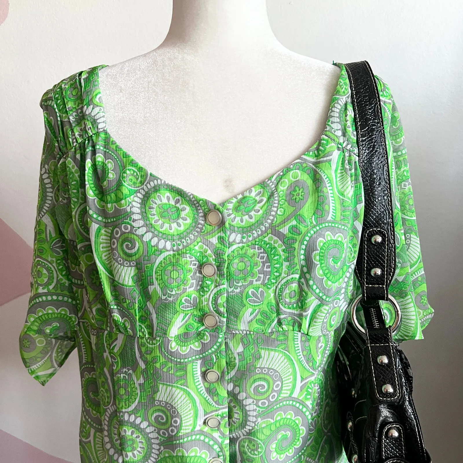 Vintage Paisley‎ Babydoll Top Sheer Y2K Boho Indie Retro Festival Medium Green - Image 2