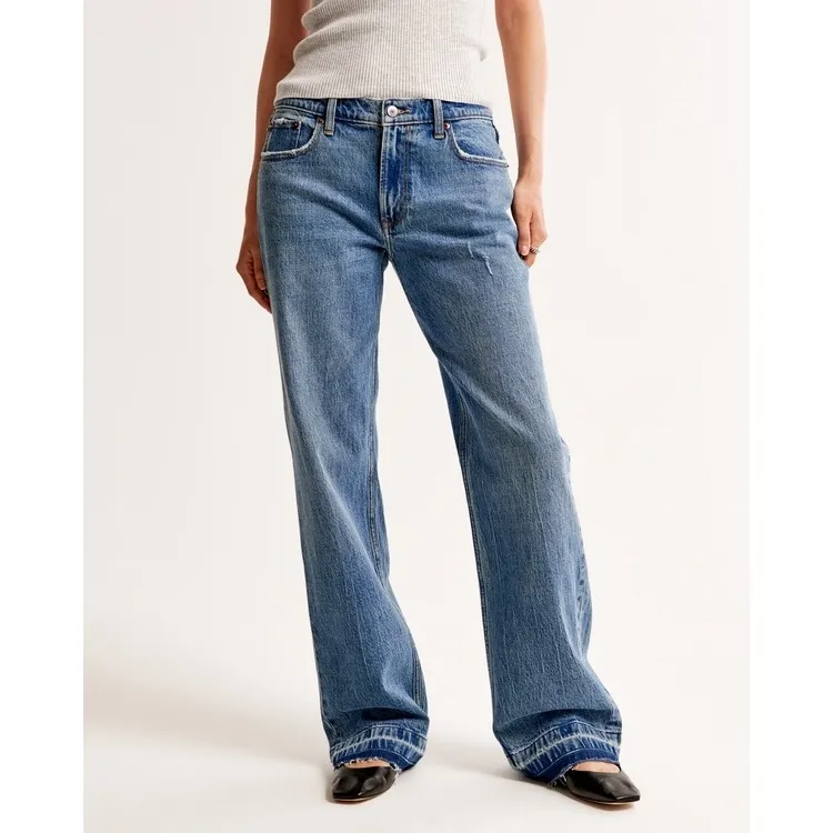 Abercrombie & Fitch The Baggy Low Rise Curve Love Jeans Medium Wash Let Down Hem - Image 2