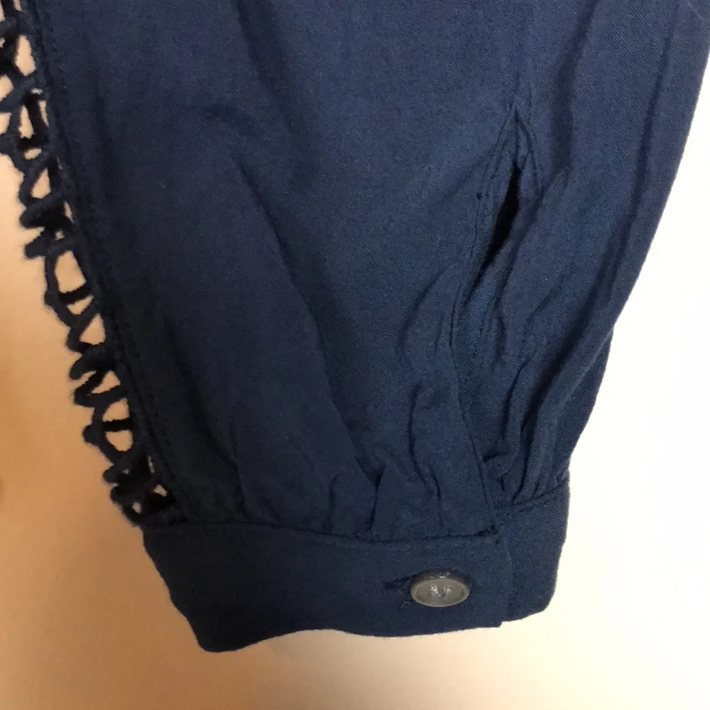 LOFT Women’s Eyelet Lace Knit Front Long Sleeve Half Button-Up Navy Blue Blouse - Image 5