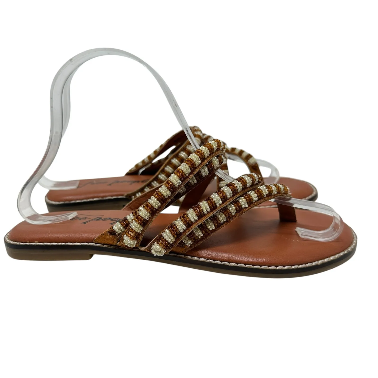 Free People Beatrice Beaded Flat Sandal Flip Flop Tan Brown‎ Size 38 US 7.5 - Image 7