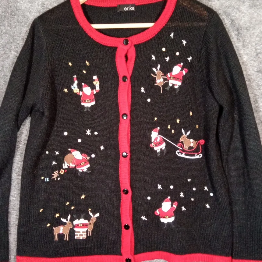 Erika Black Christmas Holiday Natti Style Cardigan Button Up Womens Medium - Image 3