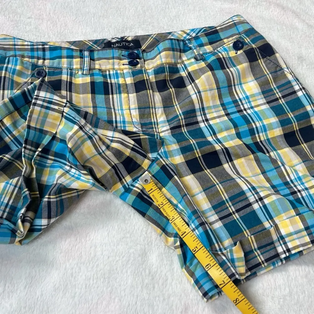 NEW Nautica Marina Fit Plaid Cotton Shorts Blue Yellow Cuffed Women’s Size 12 - Image 3