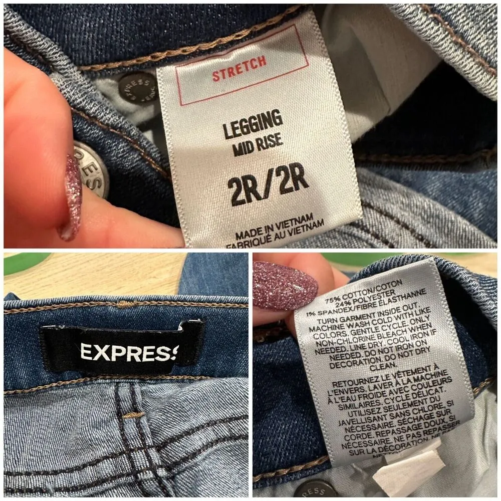 Express Mid Rise Denim Legging Jeans Floral Sequin Embellishments Distressed Hem - Image 12