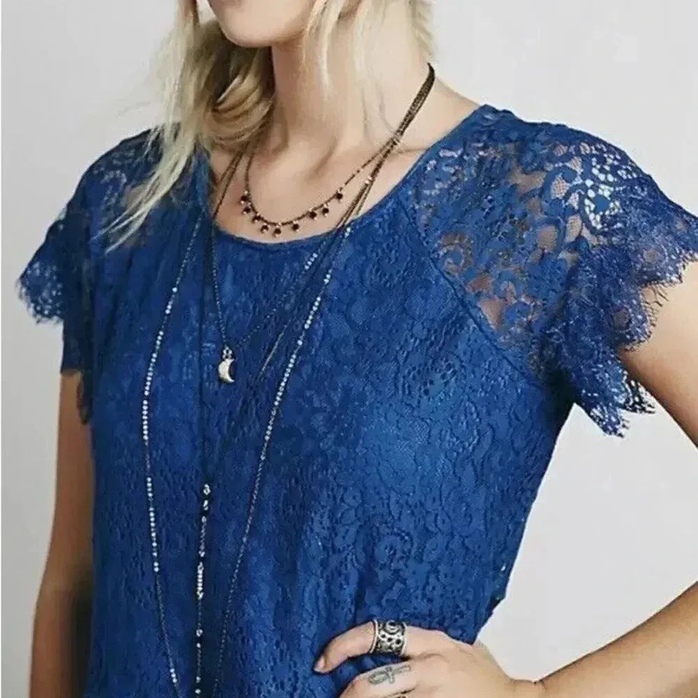 Free People Blue Stardust Lace Short Sleeve Mini Dress XS - Image 6