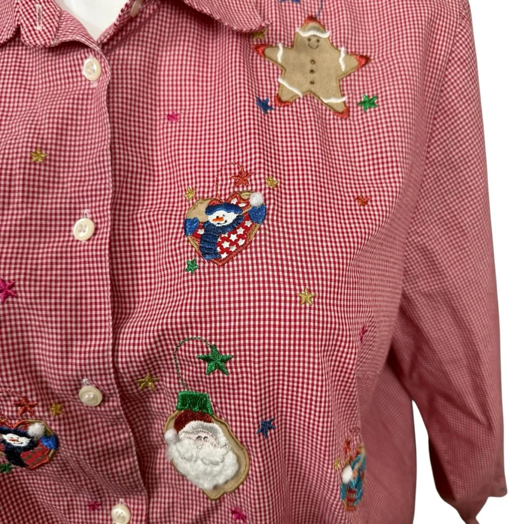 Karen Scott II Red Gingham Christmas Embroidered Button Down Shirt Size 1X - Image 5
