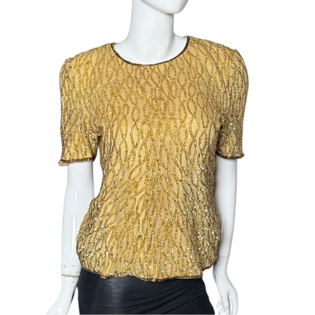 Vintage‎ Lawrence Kazar silk Gold Sequin Women's Top Large (8) - Image 4