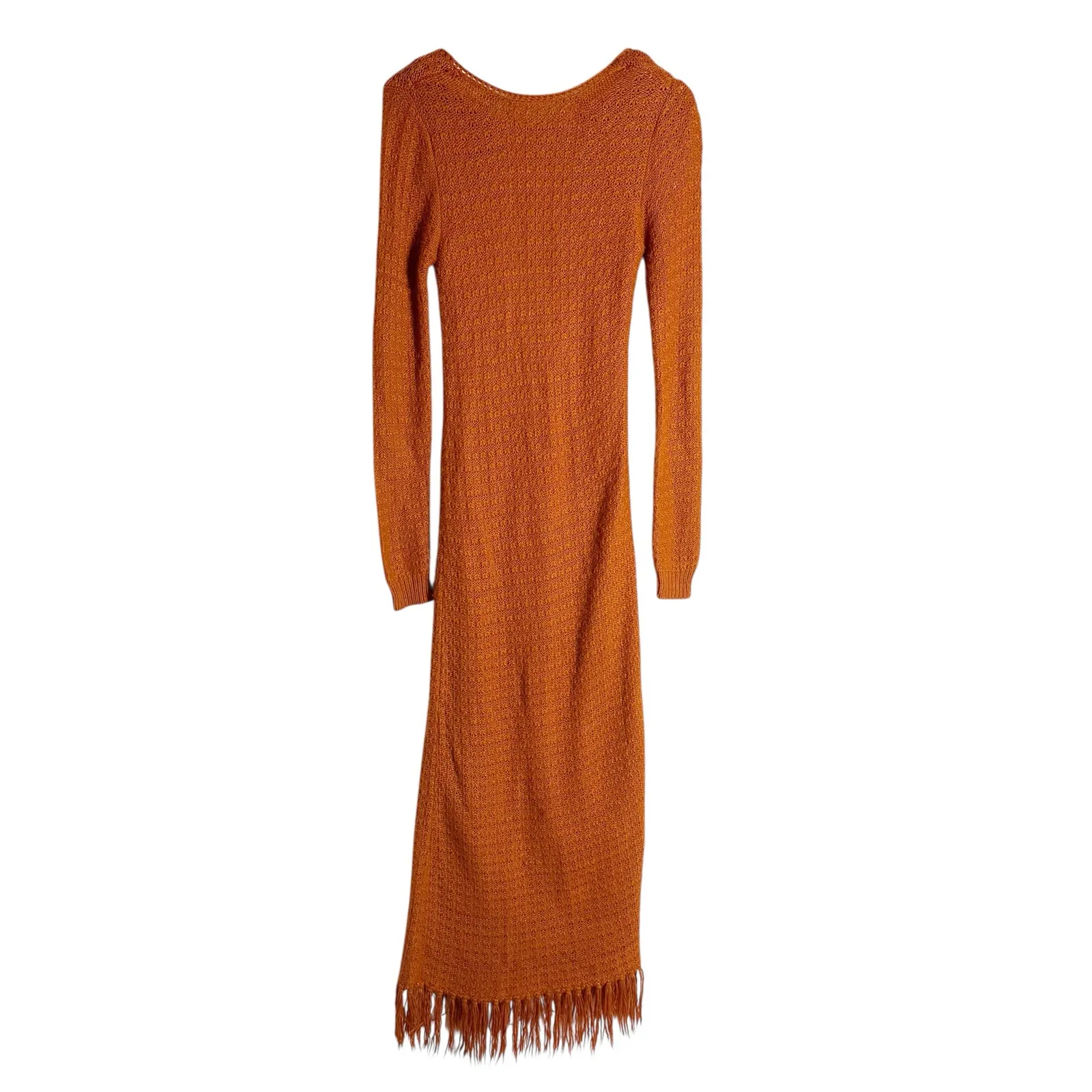 Pamela Love Orange Fringe Knit Long Sleeve Midi Boho Sweater Dress Size Medium - Image 5