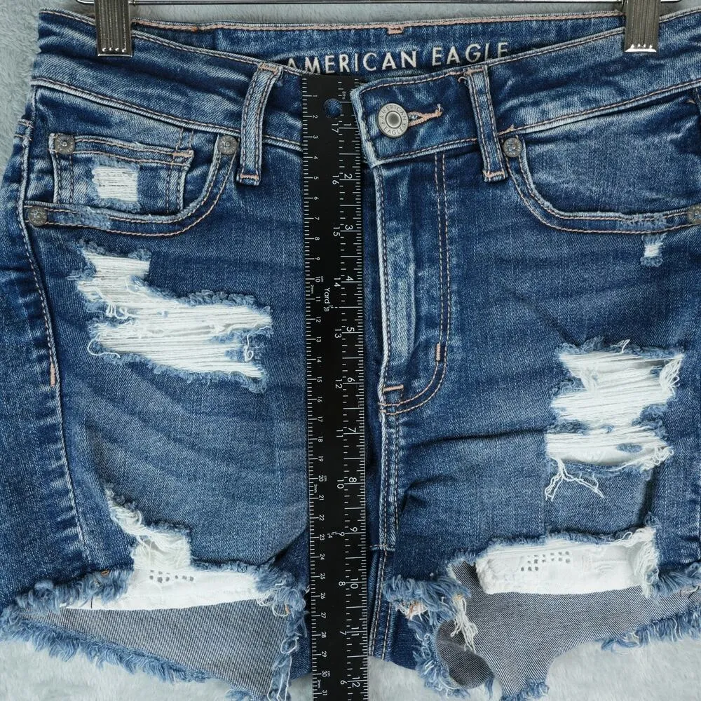 American Eagle Shorts Womens 2 High V Rise Shortie Next Level Stretch Distressed Blue - Image 7