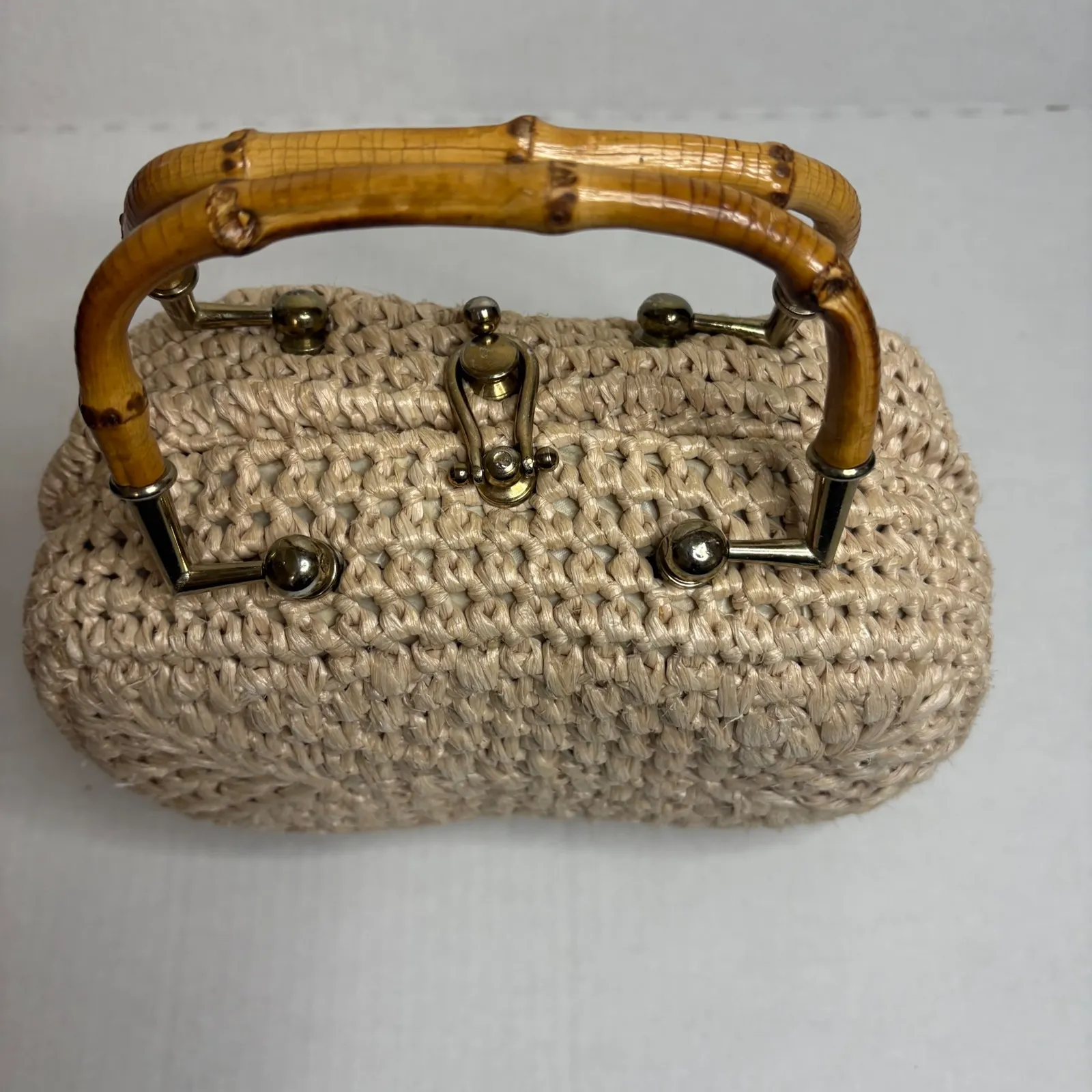 Vintage Mid Century Dayne Taylor Woven Straw Handbag‎ Purse Bamboo Accent Tan - Image 2