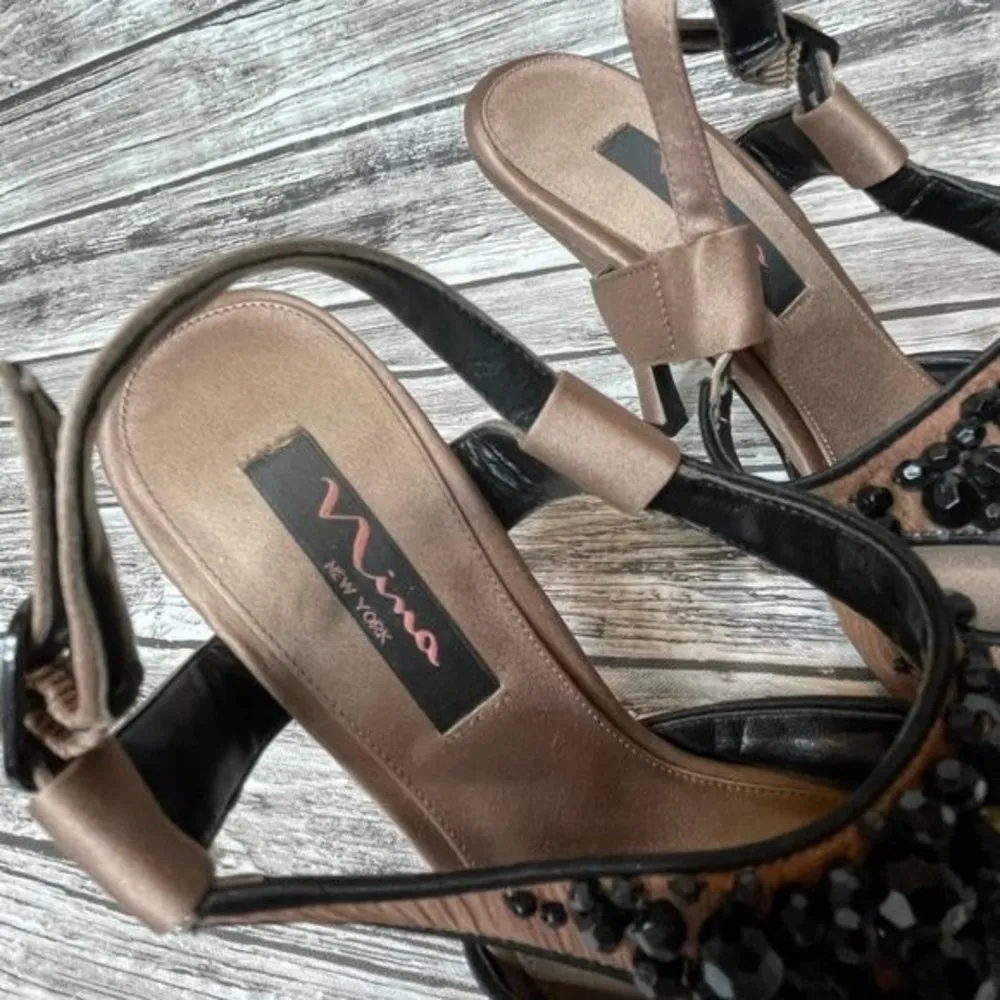 Nina Cutout Bead Stiletto Sandals Crepe Fabric Leather Sole 6.5 Black Rust Brown - Image 10