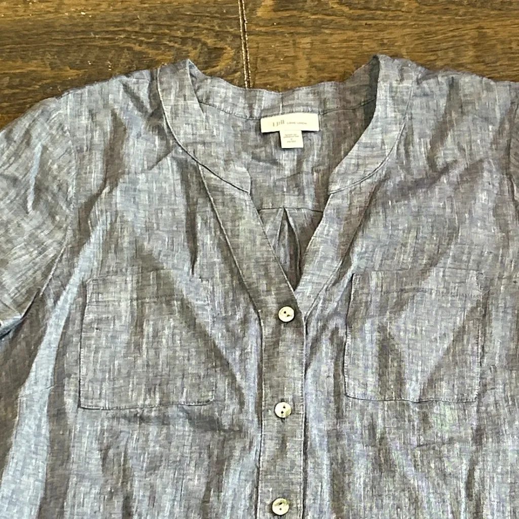 J. Jill Blue Linen Short Sleeve Pockets Button Front Shirt Womens Dress Size S - Image 2