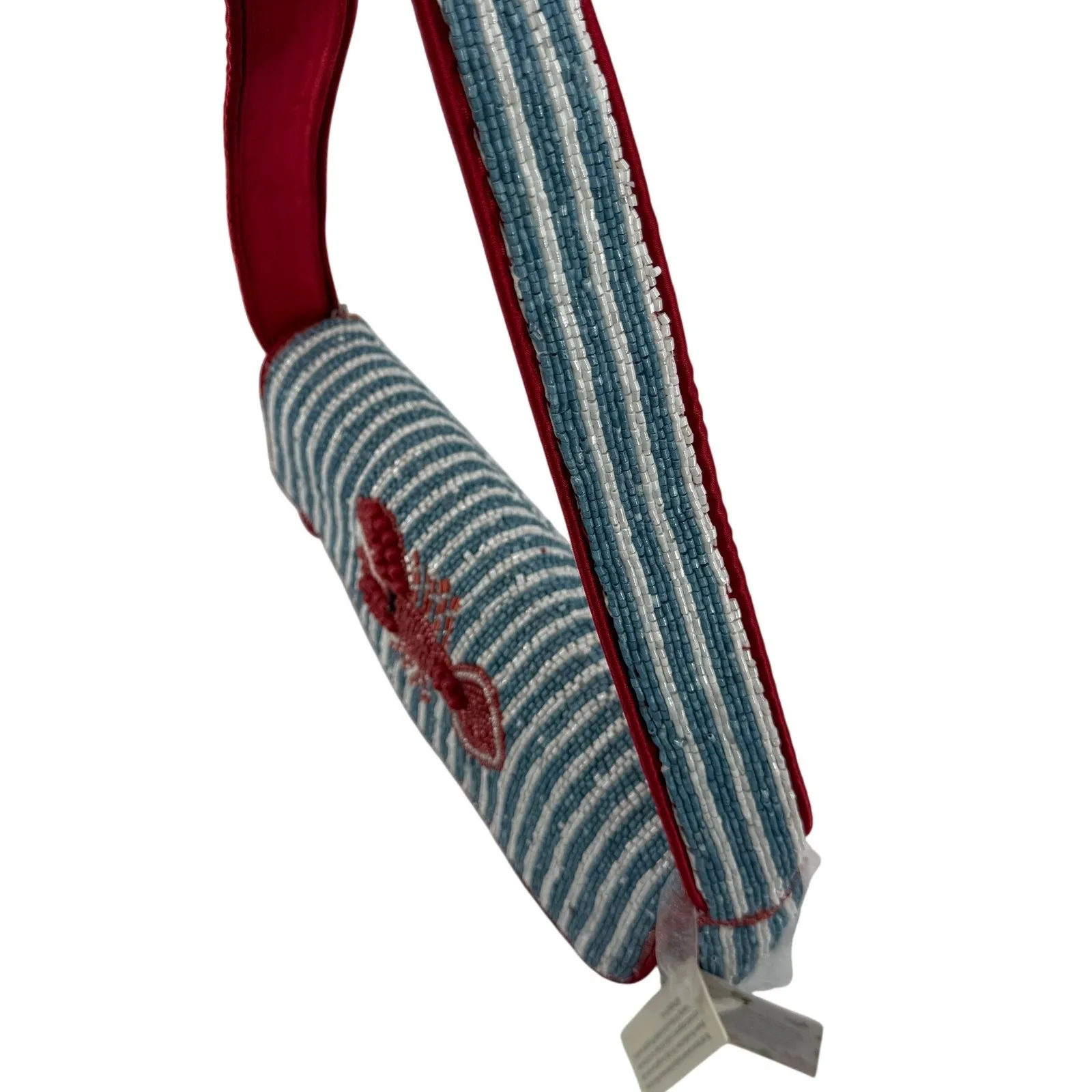 Handcrafted Beaded Red Lobster Shoulder Bag Purse Blue White Striped India Made - Image 10