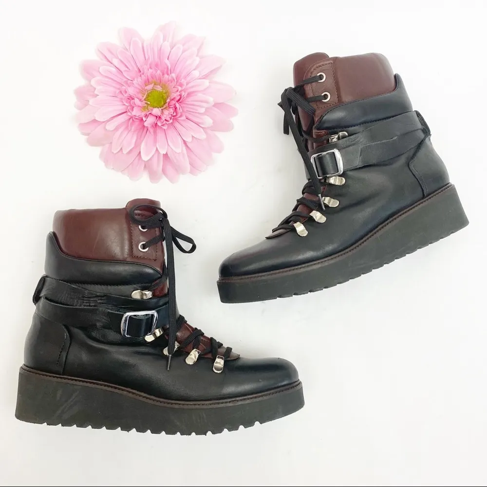 Zara Woman Leather Mountain Hiking Lace Up Combat Ankle Boots: Black/Brown - Image 3