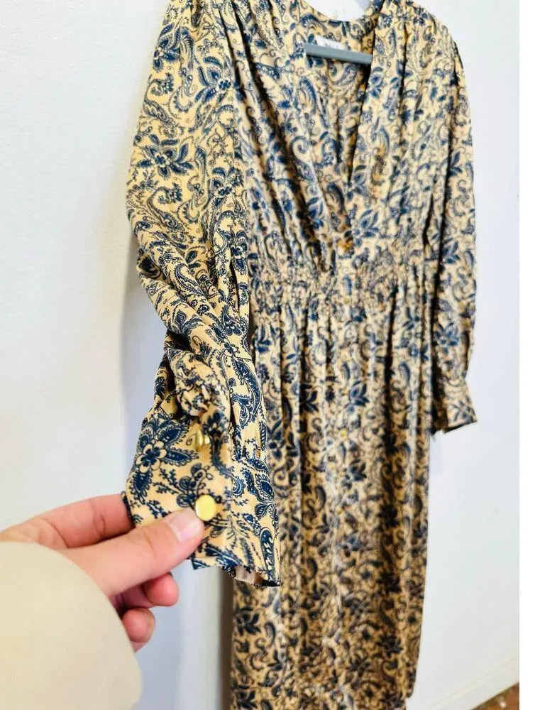 SANDRO Yellow Floral Print Deep V-Neck Airy Puffed Sleeves Midi Dress Size 40 - Image 5