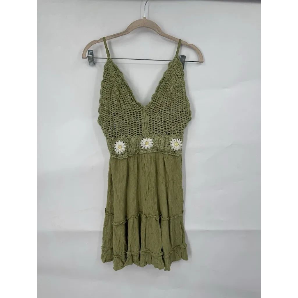Indulge Festival Crochet Fairy Hippie Mini Dress Women L Green Goblin Earthy Y2K - Image 2
