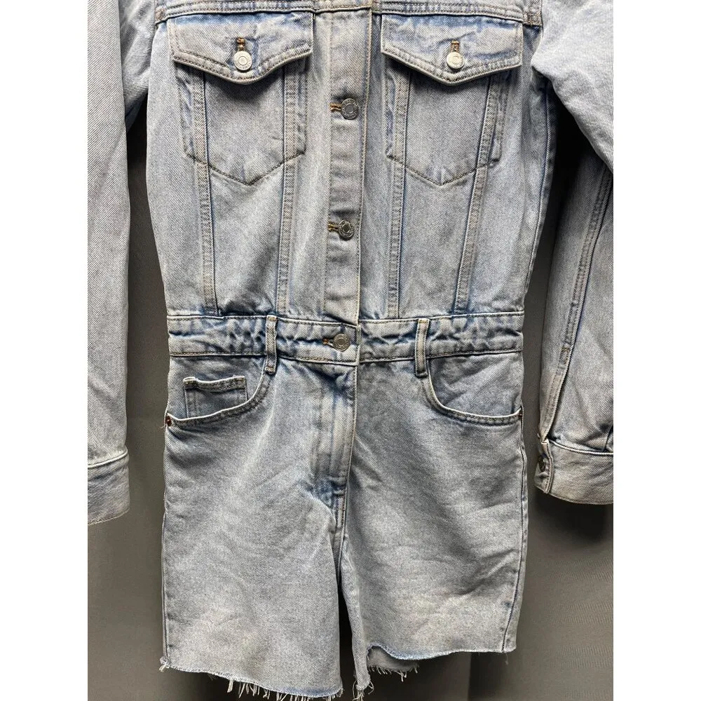 Zara Women's Light Blue Jean Overall Long Sleeve Shorts Size XS SKU 4108 - Image 3
