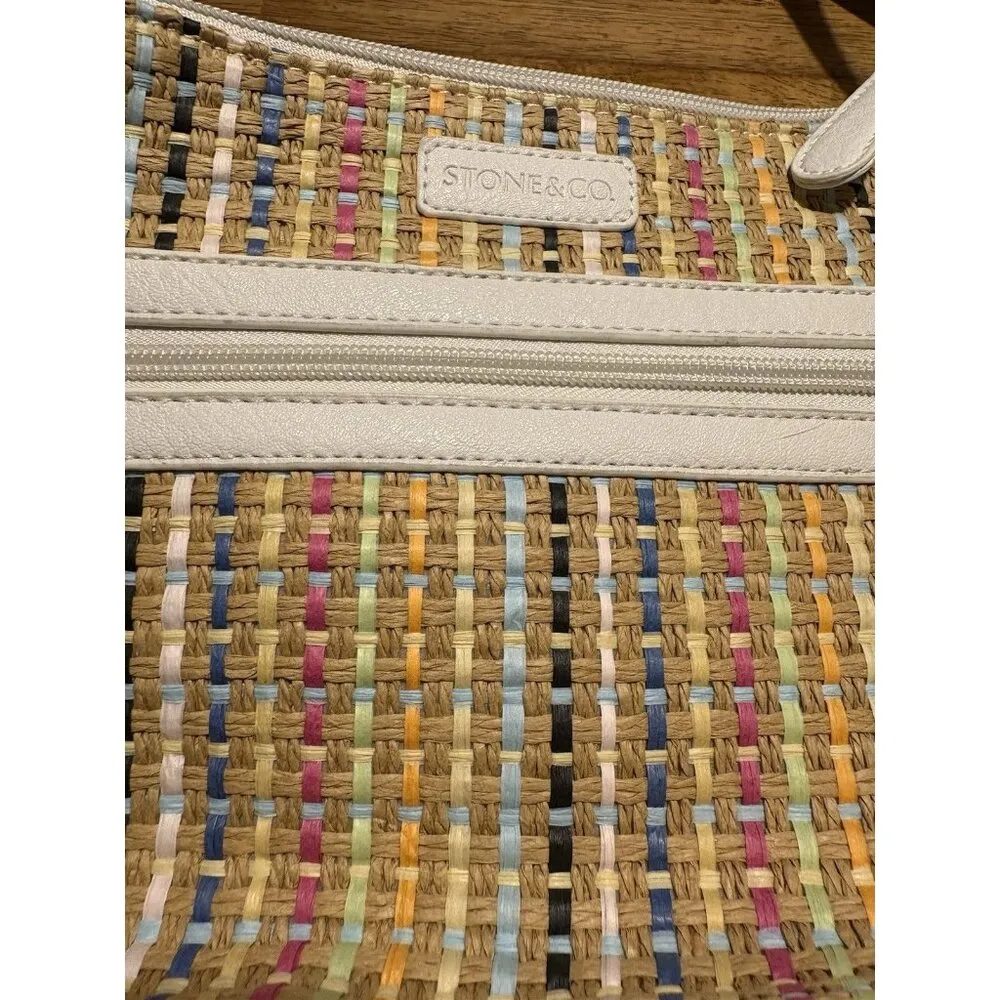 STONE & CO. Shoulder Bag White Faux Leather Multicolor Woven Straw Purse Boho - Image 8