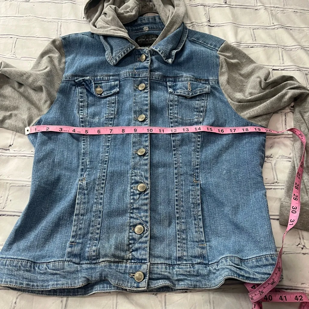 Vintage Live a Little Denim Hoodie Jean Jacket Women’s XL Gray Knit Sleeves Blue - Image 12