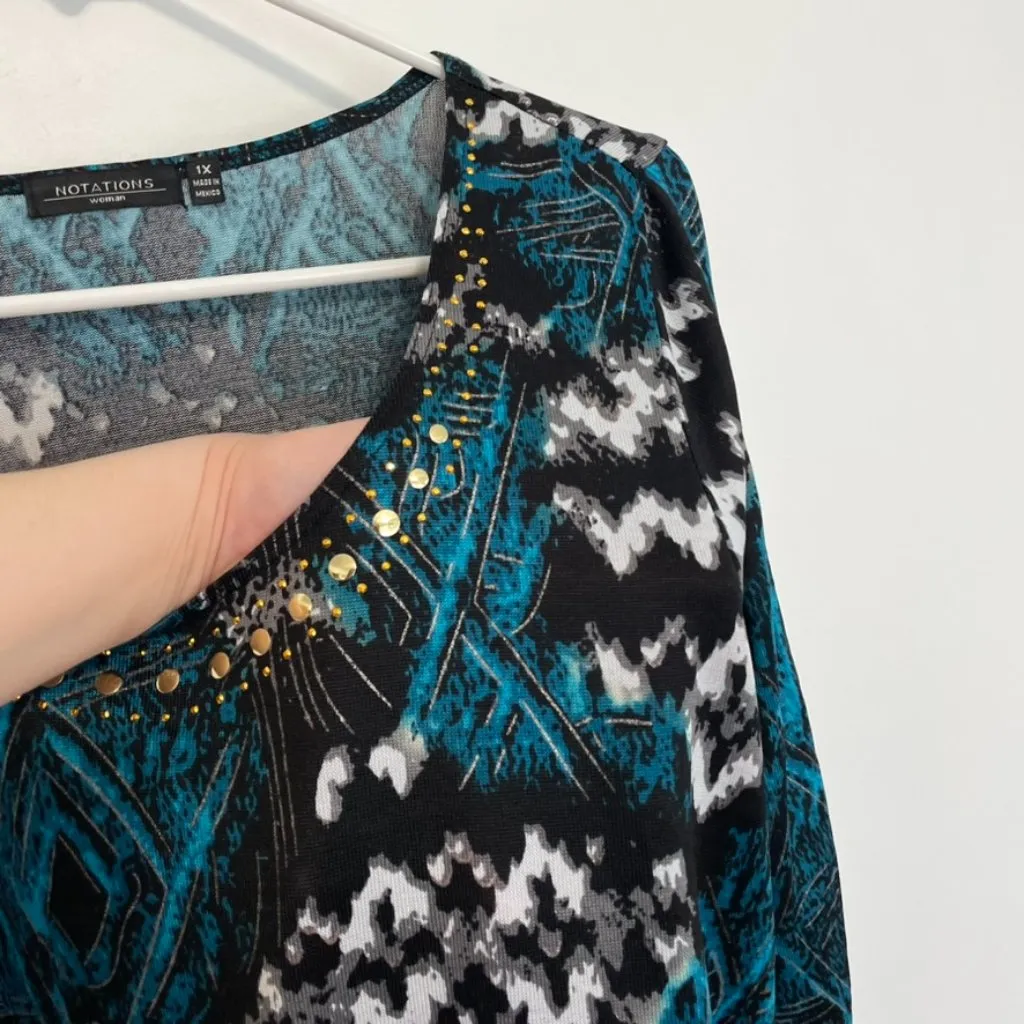 NOTATIONS Plus Size Black White Teal Blue Ikat Geometric Boho 3/4 Sleeve Tunic - Image 7